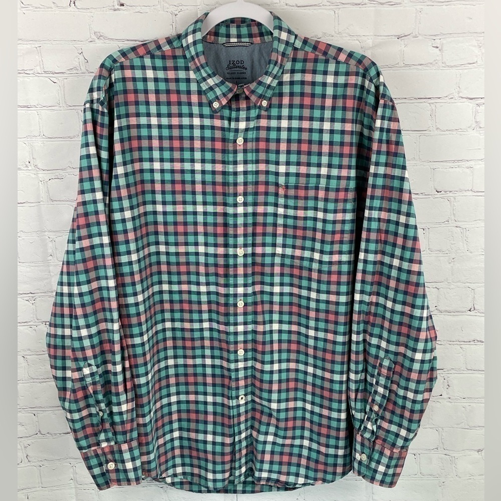 Izod Saltwater Mens Size L Multi-Color Check Long Sleeve Cotton Button-Up Shirt